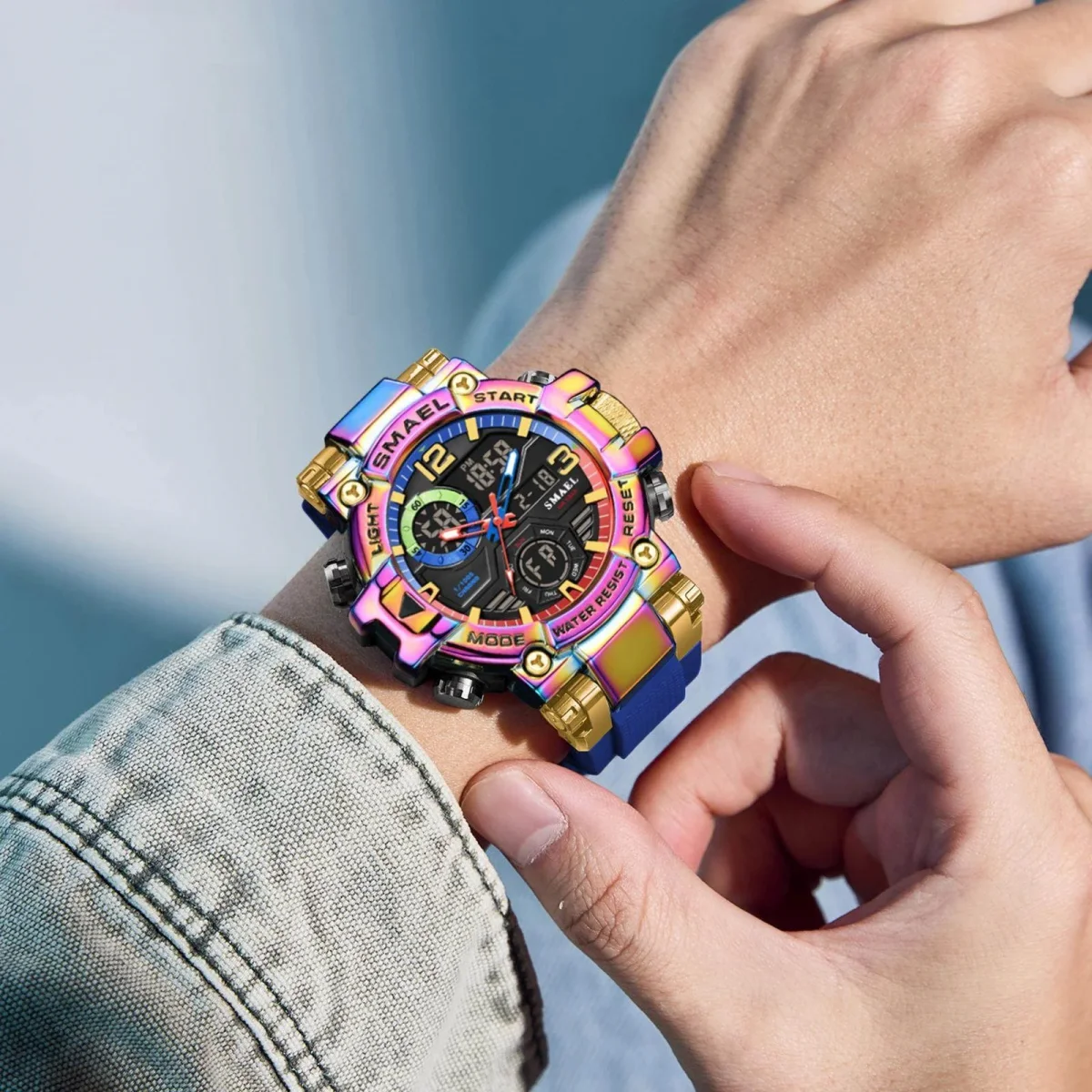 Mens Alloy Multicolor Multi-Function Dual-Display Sports Watch